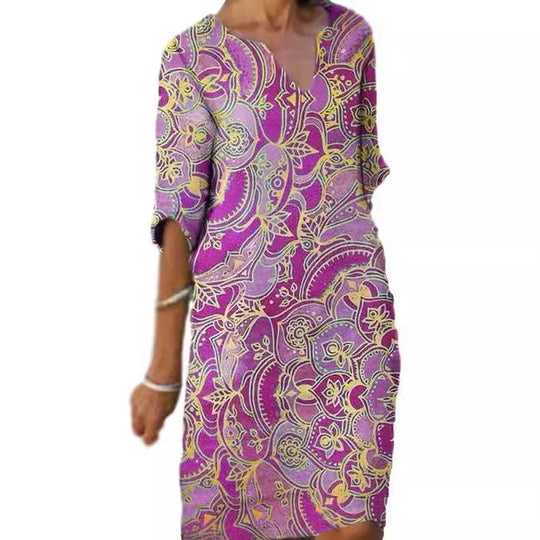 Damen Freizeitleichtkleid mit elegantem V-Ausschnitt und buntem Muster