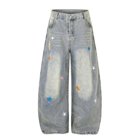 Damen Weite High-Waist Palazzo-Jeans mit Stern-Stickereien und Used-Effekt Nord Taschen