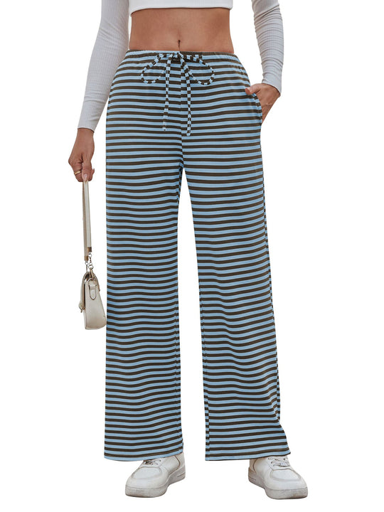 Damen weite Streifenhose mit elastischem Bund und Kordelzug