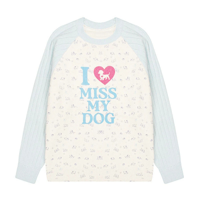 Damen Strickpullover mit Raglanärmeln, Allover-Hundemotiv und Statement-Print Nord Taschen
