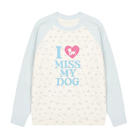 Damen Strickpullover mit Raglanärmeln, Allover-Hundemotiv und Statement-Print Nord Taschen