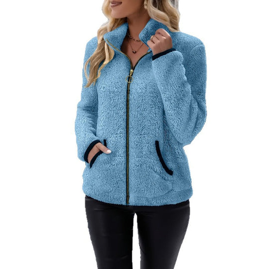Damen Thermo-Sherpa-Fleecejacke mit Stehkragen, Kontrastkanten und Ringzipper Nord Taschen