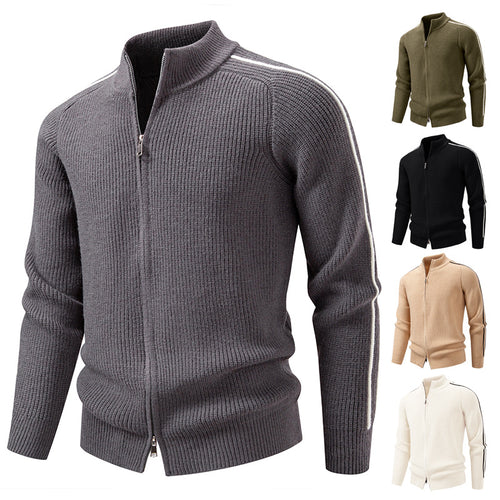 Herren Reißverschluss-Strickjacke mit Stehkragen, strukturierter Rippenoptik und kontraststreifen Nord Taschen