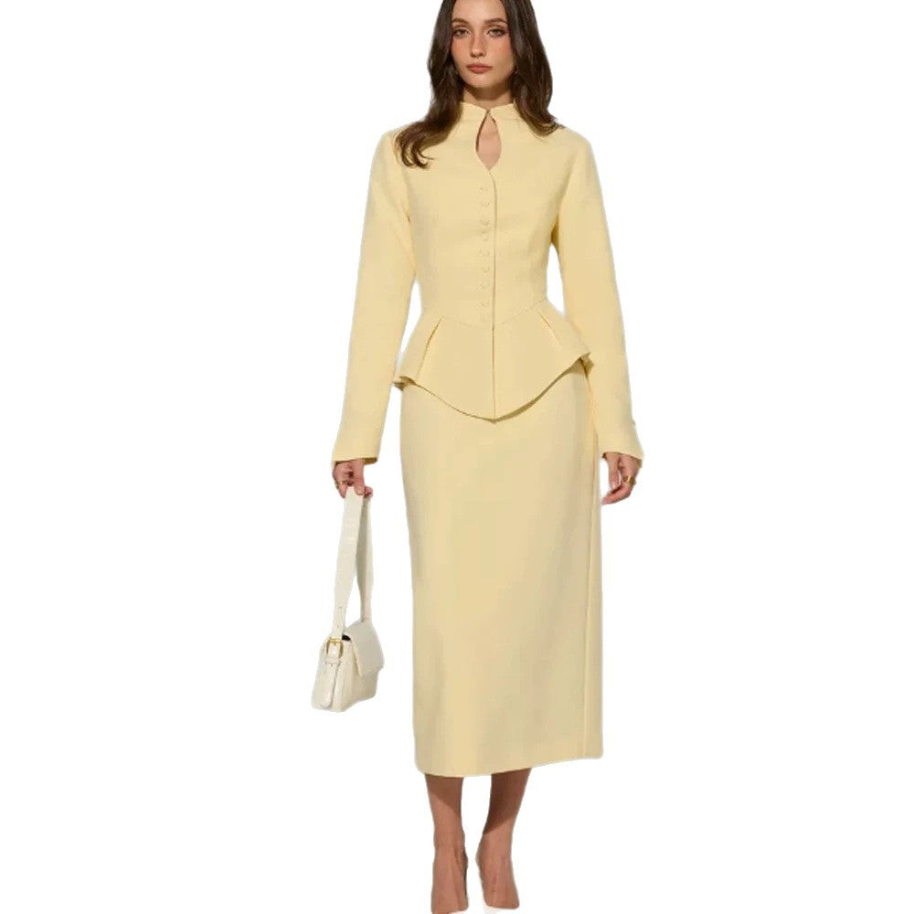 Damen Zweiteiliges tailliertes Blazer- und Bleistiftrock-Set mit Stehkragen und Peplum Nord Taschen