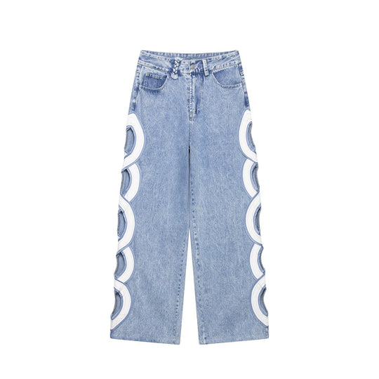 Damen High-Waist-Jeans mit ausgestellter Weitbein-Silhouette und seitlichen Kreis-Applikationen Nord Taschen