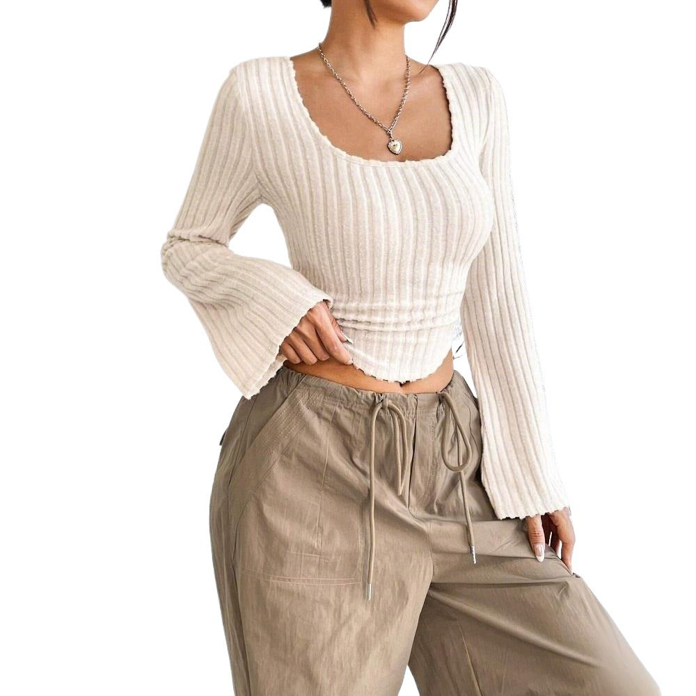 Damen geripptes Crop-Top mit quadratischem Ausschnitt, gewelltem Saum und ausgestellten Ärmeln Nord Taschen