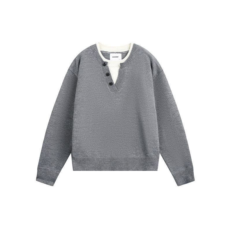 Unisex Grobgestrickter Pullover mit V‑Knopfleiste und Lagenkragen Nord Taschen