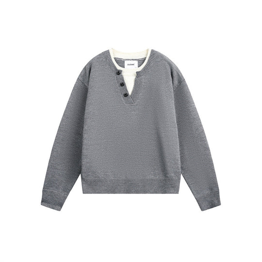 Unisex Grobgestrickter Pullover mit V‑Knopfleiste und Lagenkragen Nord Taschen