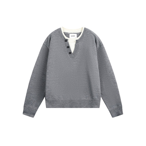 Unisex Grobgestrickter Pullover mit V‑Knopfleiste und Lagenkragen Nord Taschen
