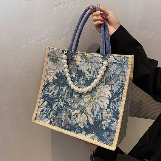 Damen Einkaufstasche mit floralem Jacquard-Muster und eleganter Perlenverzierung Nord Taschen