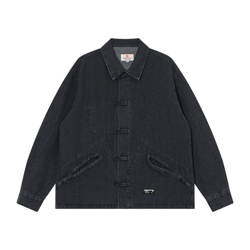 Herren Kurz geschnittene Denim-Chorejacke im Boxy-Blousonstil mit chinesischer Knebelknopfleiste Nord Taschen