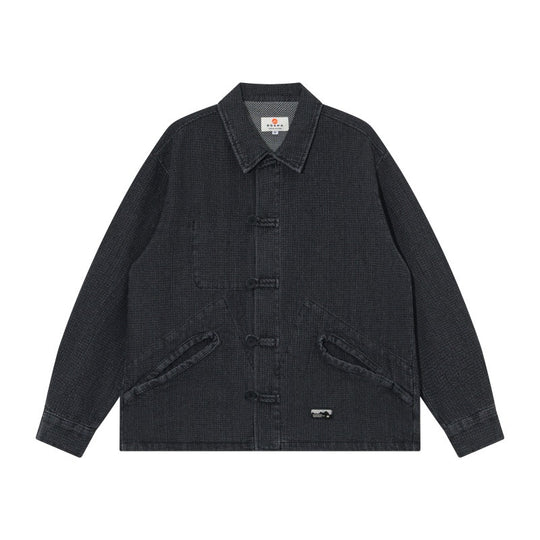 Herren Kurz geschnittene Denim-Chorejacke im Boxy-Blousonstil mit chinesischer Knebelknopfleiste Nord Taschen