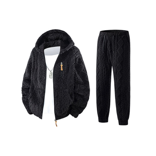 Herren Kuscheliges Sherpa-Fleece Set mit Kapuzenjacke und Strick‑Optik Jogginghose Nord Taschen
