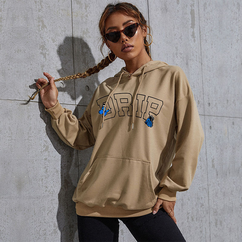 Damen Oversize-Kapuzenpullover mit Kängurutasche und Schmetterling-Stickerei Nord Taschen