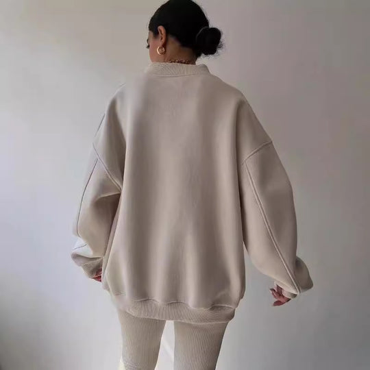 Damen Oversized Sweatshirt mit V-Ausschnitt und geripptem Kragen Nord Taschen