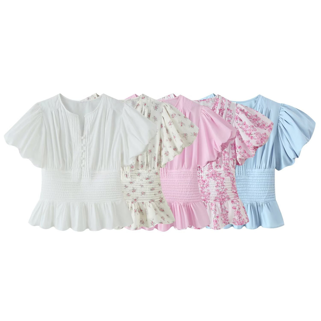 Damen Romantische Bluse mit Puffärmeln, Kellerfalten‑Blende und gesmokter Taille Nord Taschen