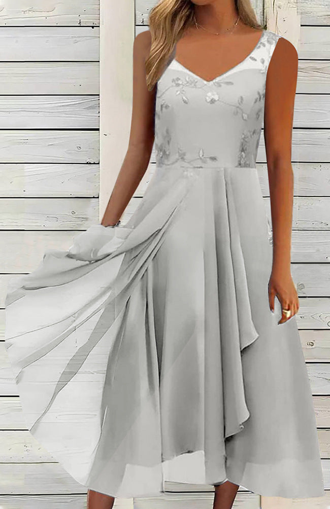 Damen nan A-Linien-Chiffonkleid mit floralem Stickoberteil, V-Ausschnitt, drapiertem Godet-Schwung und verdeckten Seitentaschen