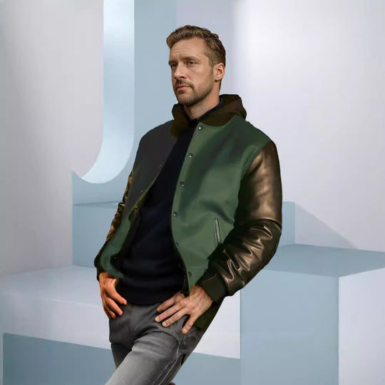 Herren College-Bomberjacke im Varsity-Stil mit Wollkörper und Lederärmeln Nord Taschen