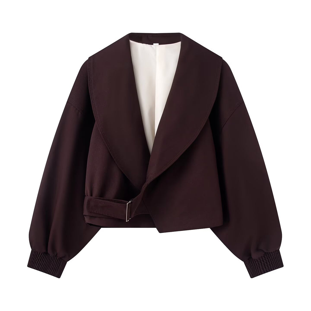 Damen Kurze Oversized Jacke mit breitem Schalkragen, Ballonärmeln und Taillenriegel Nord Taschen