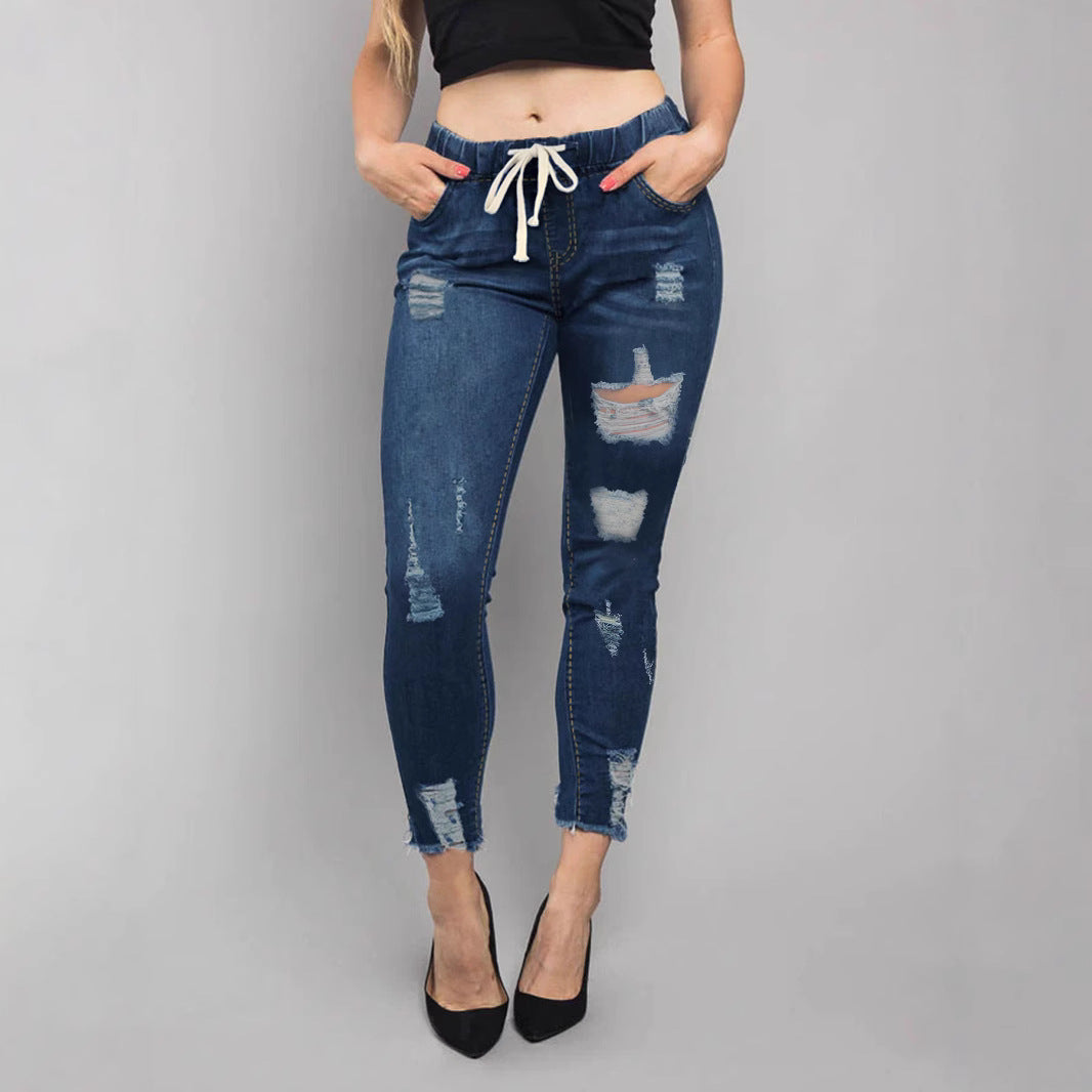 Damen Hochtaillierte Destroyed-Jogger-Jeans mit elastischem Tunnelzugbund und gekürztem Fransen-Saum Nord Taschen