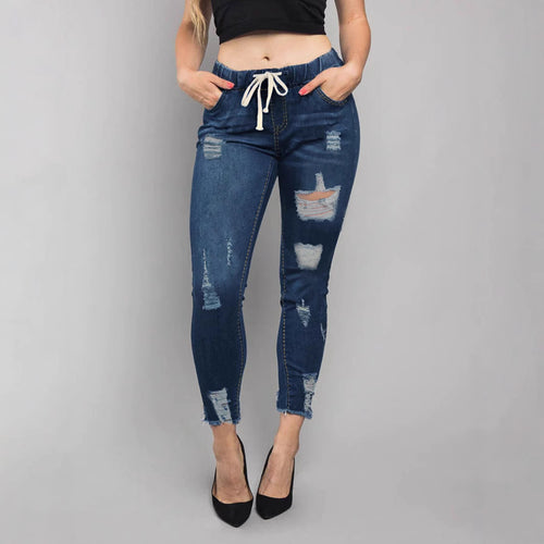 Damen Hochtaillierte Destroyed-Jogger-Jeans mit elastischem Tunnelzugbund und gekürztem Fransen-Saum Nord Taschen