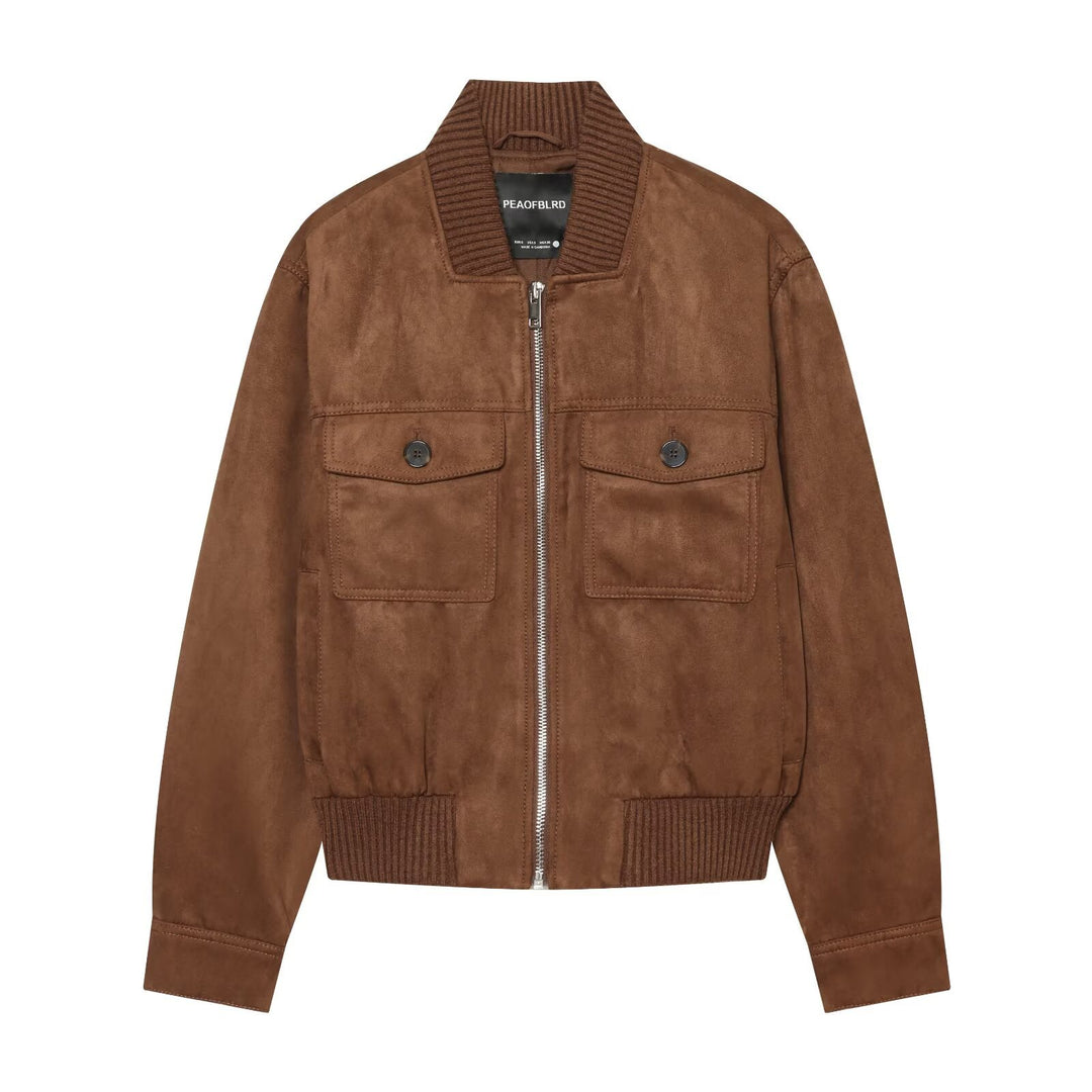 Damen Veloursleder‑Optik Bomberjacke mit Rippsaum, Brusttaschen und durchgehendem Reißverschluss Nord Taschen