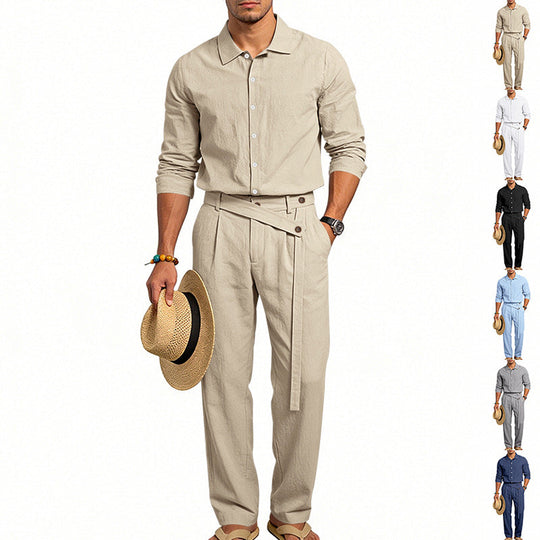 Herren nan eleganter Leinen-Zweiteiler mit Hemd und Hose mit hohem Bund und Bindegürtel