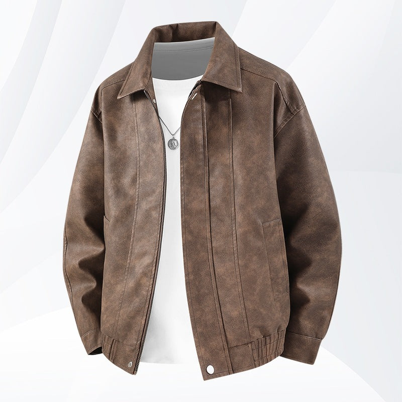 Herren Kurz geschnittene Kunstlederjacke im Vintage‑Look mit Hemdkragen & durchgehendem Reißverschluss Nord Taschen