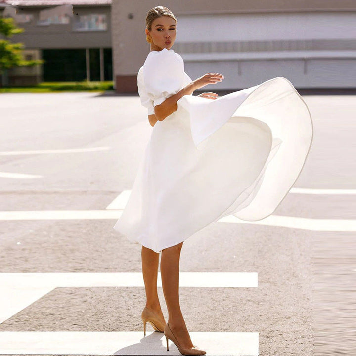 Damen A-Linie Kleid mit Puffärmeln und Taillierung