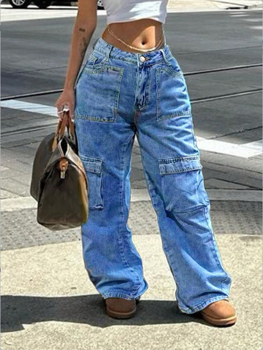Damen Cargo-Jeanshose im weiten Baggy‑Cut mit hoher Taille und Utility‑Taschen Nord Taschen