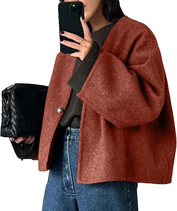 Damen Kurz geschnittene Oversize Wolljacke mit kastigem Schnitt und Ein-Knopf-Verschluss Nord Taschen