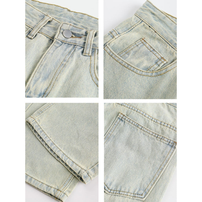 Damen Weite Utility-Denimhose mit Knie‑Patch, hohem Bund und geradem Bein Nord Taschen