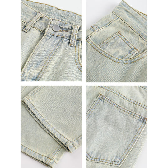 Damen Weite Utility-Denimhose mit Knie‑Patch, hohem Bund und geradem Bein Nord Taschen