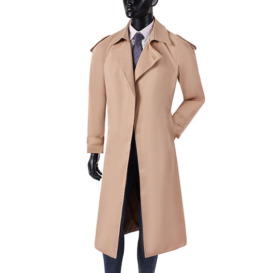 Herren eleganter knie- bis wadenlanger Trenchcoat mit verdeckter Knopfleiste und Schulterklappen Nord Taschen