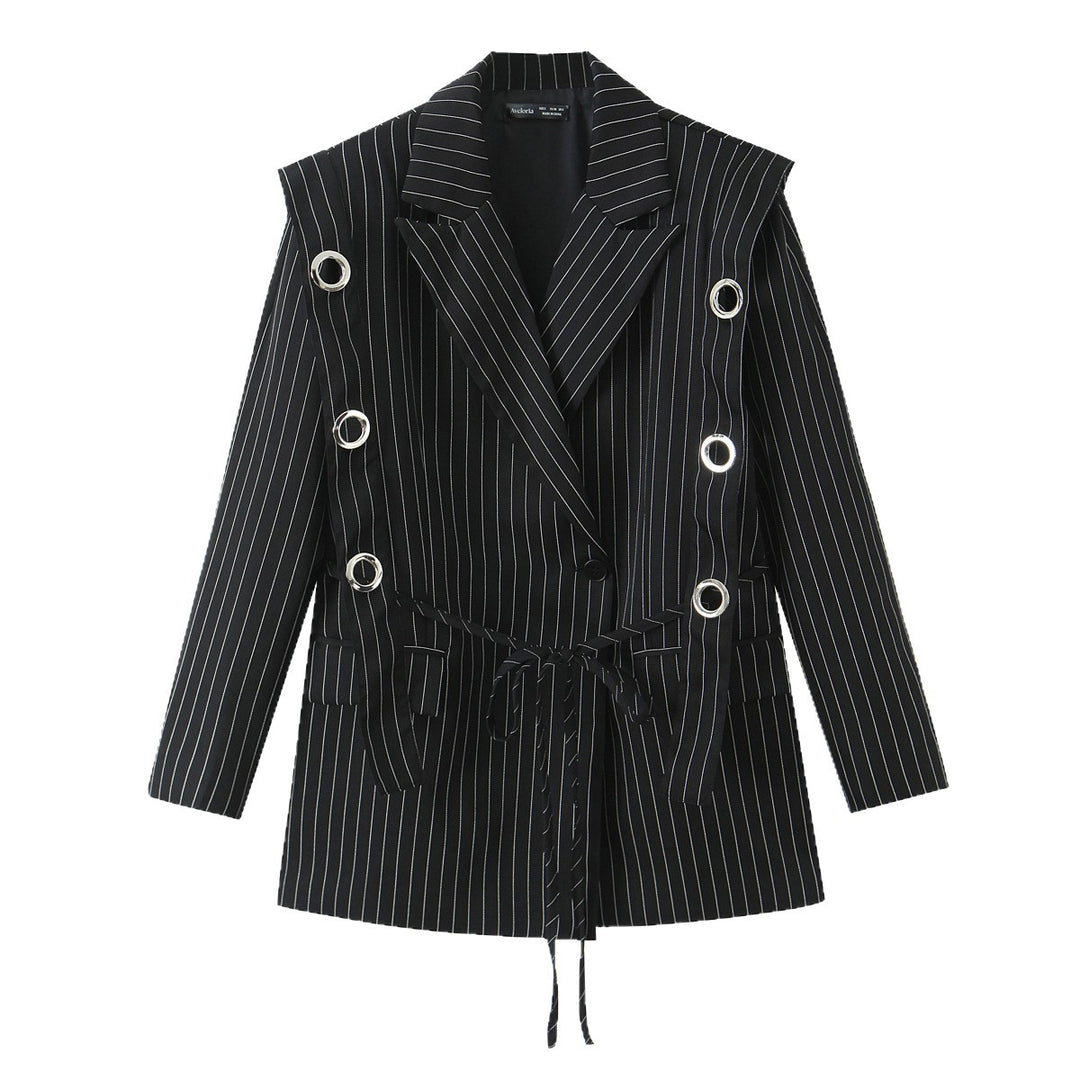 Damen Nadelstreifen-Blazer mit Zierösen und Tunnelzugtaillierung Nord Taschen