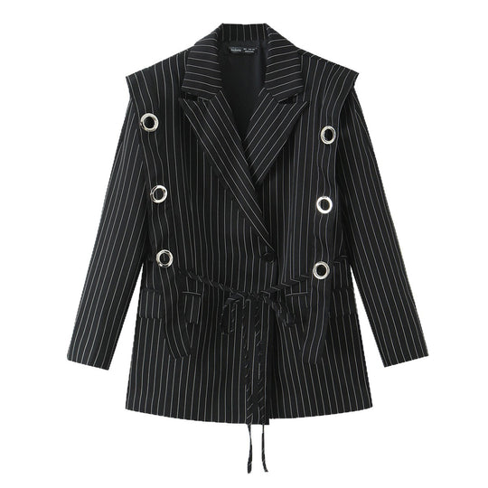 Damen Nadelstreifen-Blazer mit Zierösen und Tunnelzugtaillierung Nord Taschen