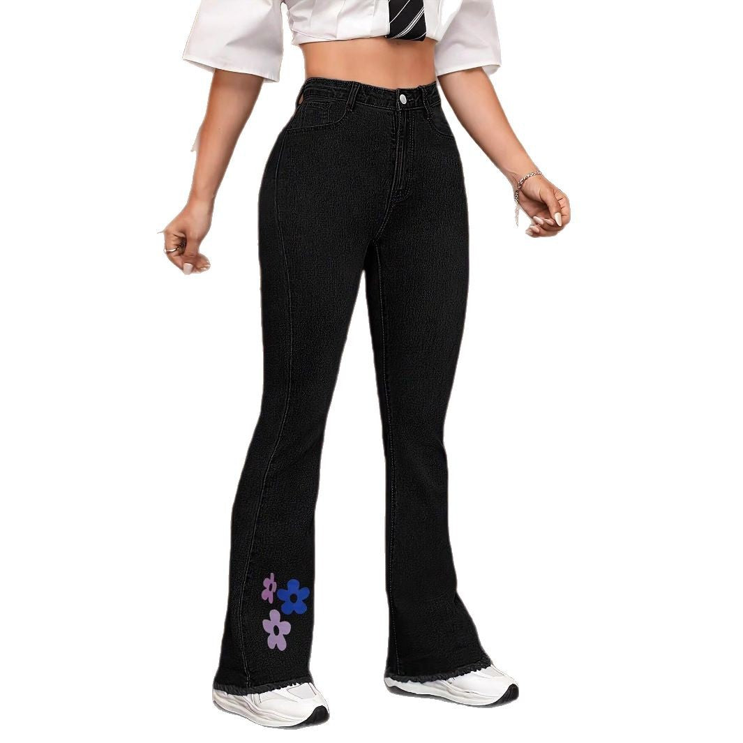 Damen High-Waist Denim-Jeans mit leicht ausgestelltem Bein und Blumen-Print Nord Taschen
