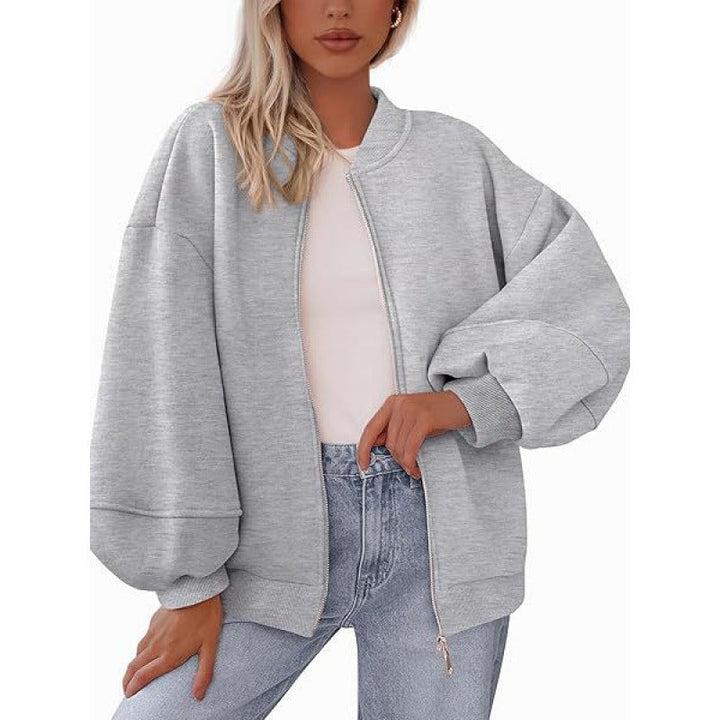 Damen lässige Oversized-Jacke mit Reißverschluss und ballonen Ärmeln
