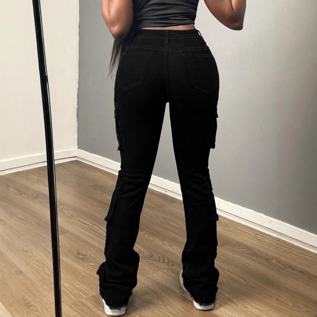 Damen Hochtaillierte Cargo-Jeans mit Mehrfach-Pattentaschen und langem Bein Nord Taschen