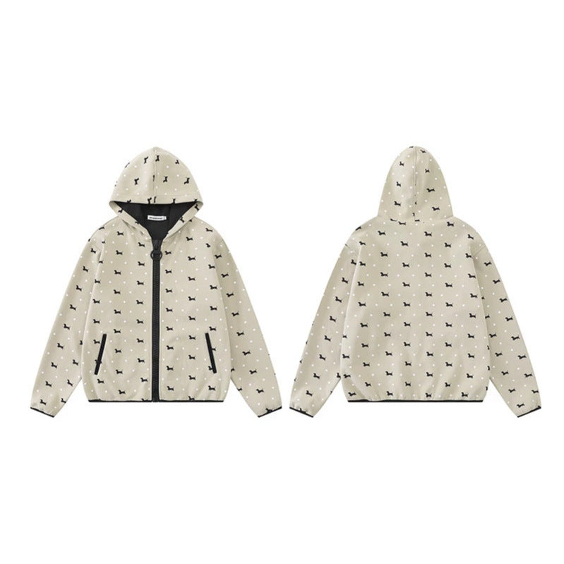 Damen Leichte Kapuzen-Zipjacke mit Hundesilhouette und Tupfen-Allover Nord Taschen