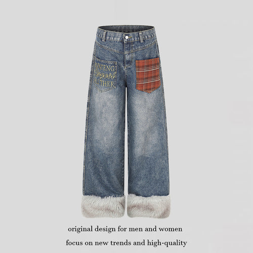Damen weite hochgeschnittene Denim-Palazzohose mit Karopatchtasche und Kunstfellbesatz am Saum Nord Taschen
