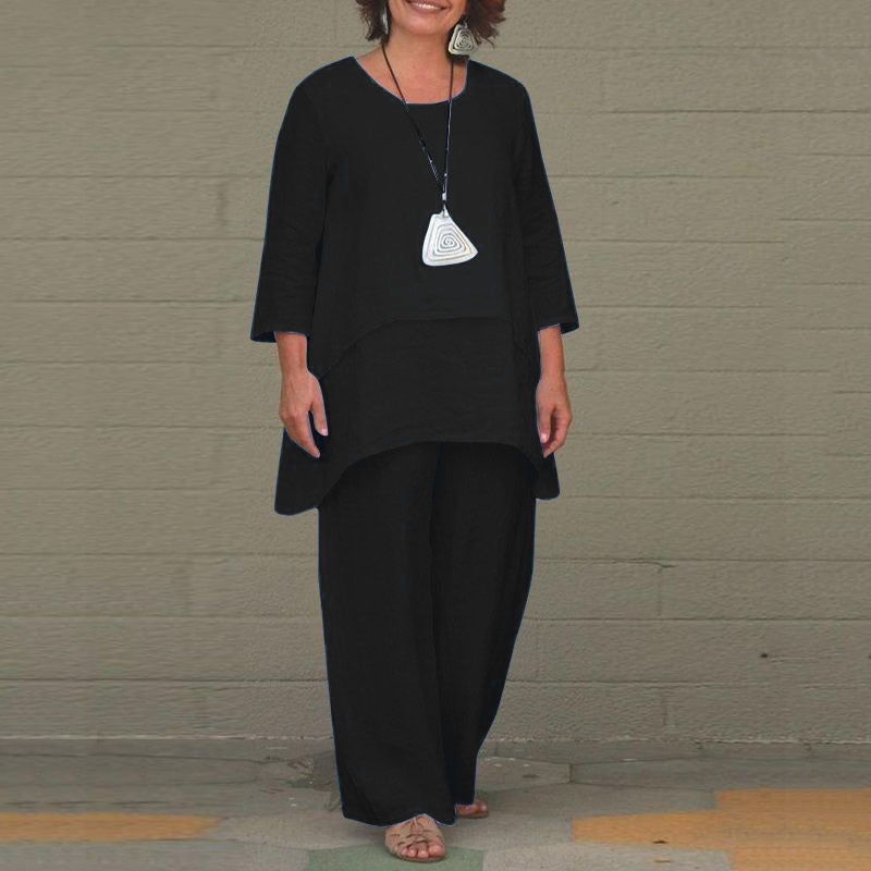 Damen Lässiges Zweiteiliges Leinen-Set mit Oversize-Tunika und weiter Palazzo-Hose Nord Taschen