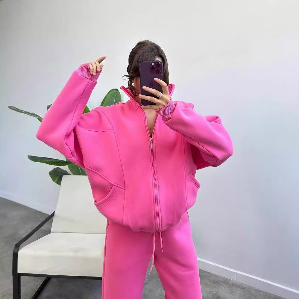 Damen Oversize Fleece-Set mit Reißverschlussjacke und weiten Jogginghosen Nord Taschen