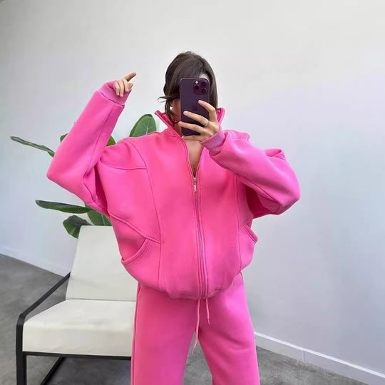 Damen Oversize Fleece-Set mit Reißverschlussjacke und weiten Jogginghosen Nord Taschen