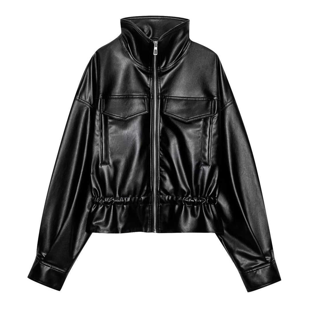 Damen Kurzblouson aus Kunstleder mit hohem Stehkragen, Brustklappen und Tunnelzugtaillierung Nord Taschen
