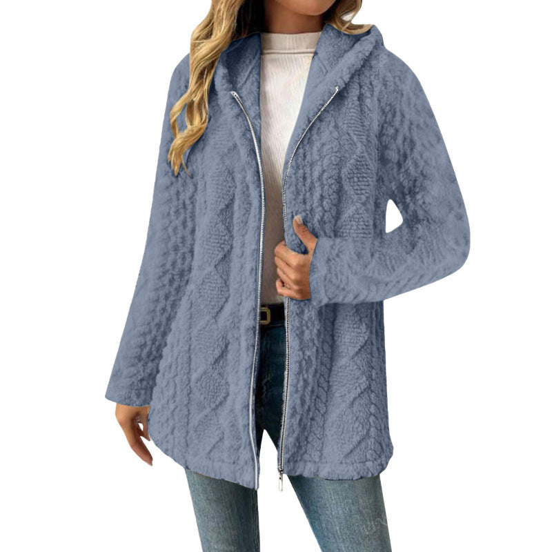 Damen Kapuzen-Sherpajacke mit Zopfmuster, mittellang und Zwei-Wege-Reißverschluss Nord Taschen