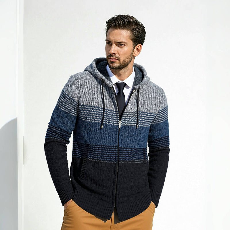 Herren Kapuzen-Strickzipjacke mit farbverlaufendem Blockstreifenmuster und thermischer Struktur Nord Taschen