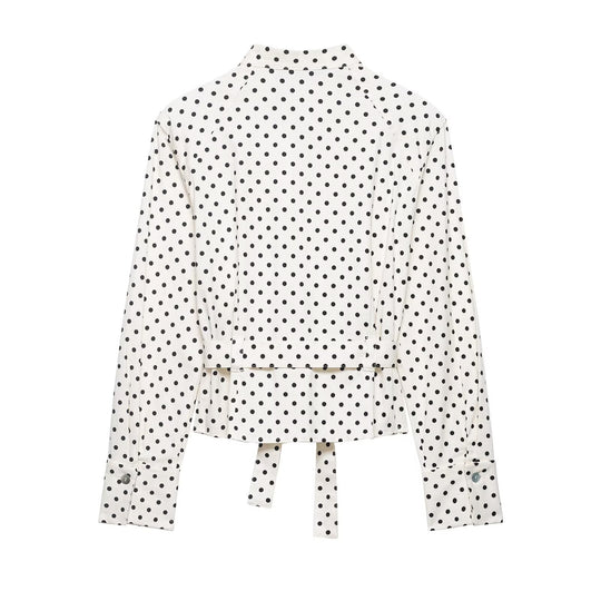 Damen Taillierte Blusenjacke mit Stehkragen, Bindegürtel und Punkteprint Nord Taschen