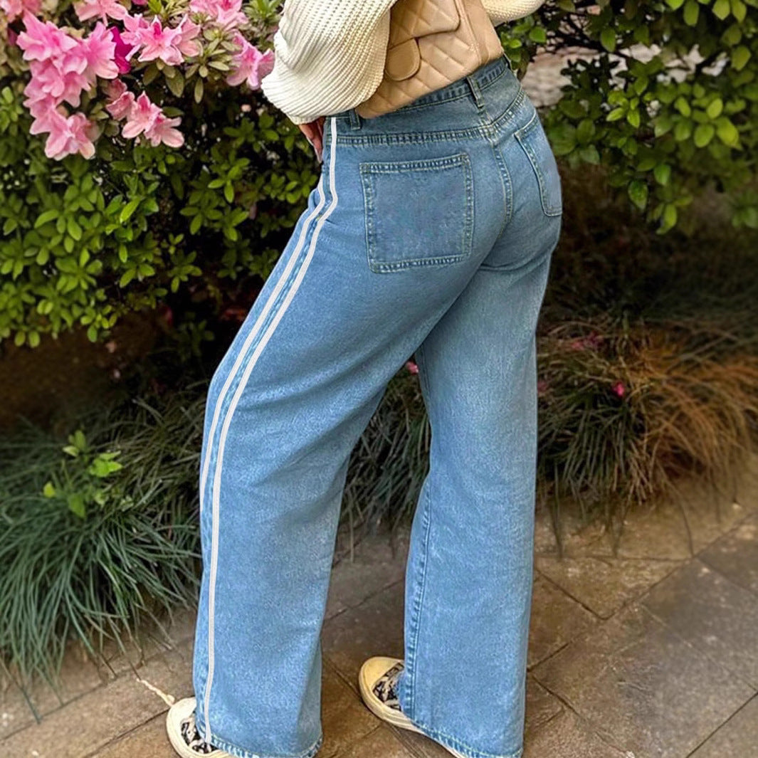 Damen weite Denim-Jeanshose mit sportivem Seitenstreifen Nord Taschen