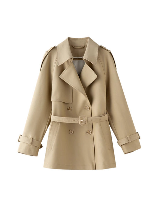 Damen Kurztrenchcoat im Doppelreiher mit Taillengürtel & Schulterklappen Nord Taschen